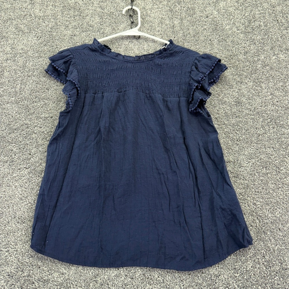Nanette Nanette Lepore Blouse Womens Medium Navy Blue Smocked Ruffle Pom Trim